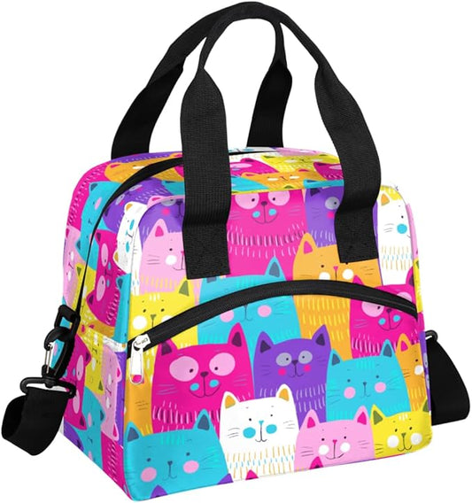 Pardick Insulated Lunch Bag for Women Men Large Cute Rainbow Cat Head Thermal Cooler Lunch Box Durable Tote Bag with Adjustable Shoulder Strap for Work School Office Travel Girl Boy Meal Prep Bag