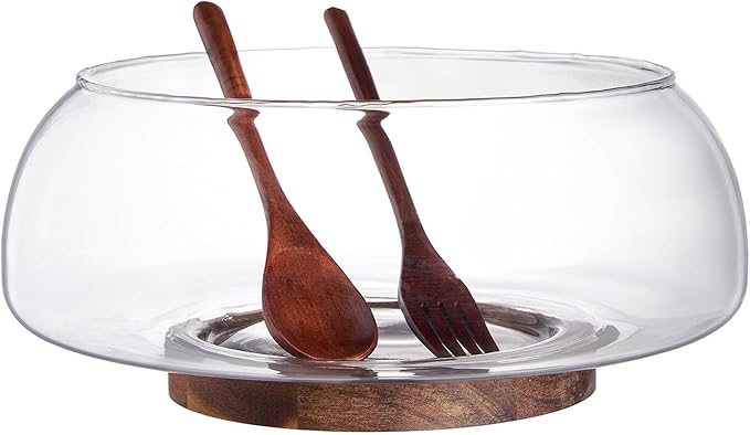 Large Glass Salad Bowl Set with Acacia Wood Base and Salad Serving Utensils, Salad Servers for Party, Fruits, Popcorn, Chips, Pasta, Kitchen Must-Have