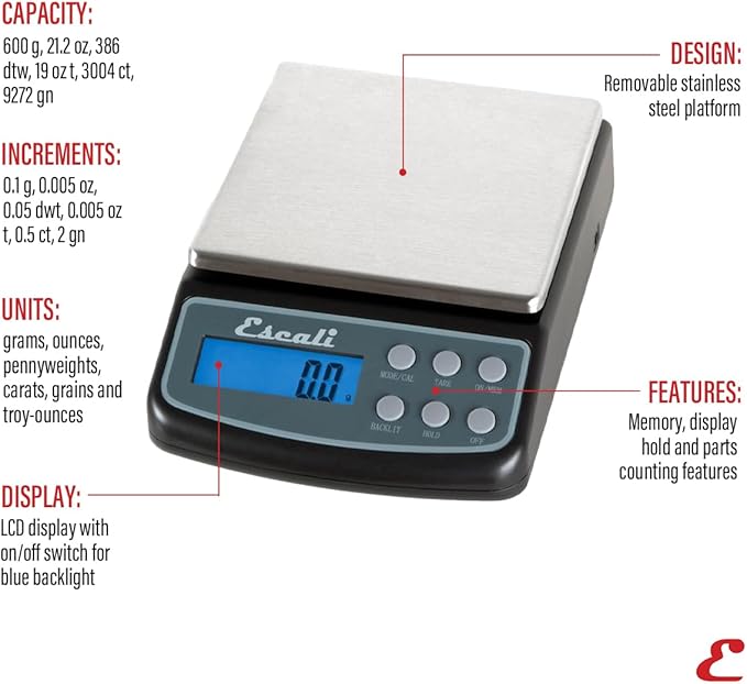 Escali L600 L-Series High Precision Professional Lab Scale, Six Units of Measurements, Capacity 600 gram / Resolution 0.01 gram, Tare Feature, LCD Digital Display, Black