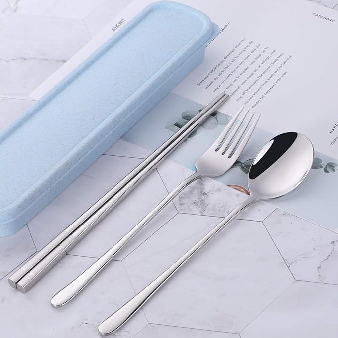 3 PCS Outdoor Flatware Set Fork Spoon Chopsticks/Travel Flatware Set with a Case