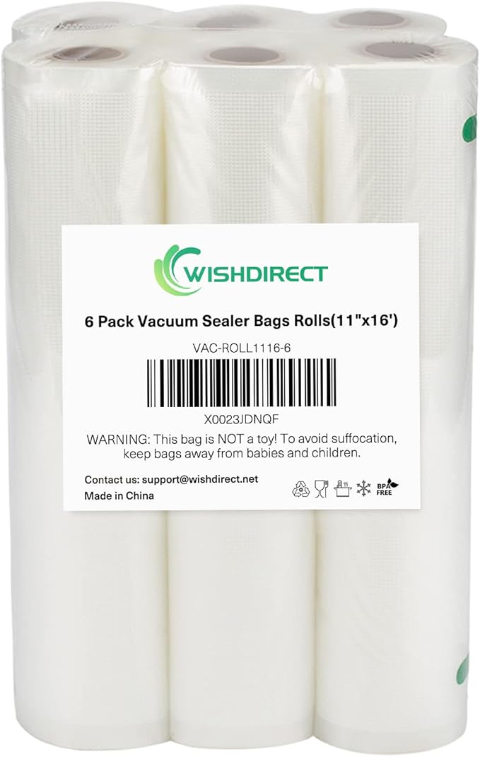Vacuum Sealer Machine Bags Rolls (6 Rolls), 11 Inch X 16 Feet Fit Inside Machine Heavy Duty Embossed Food Storage Saver Bags Rolls Compatible with Sous Vide and FoodSaver (Total 100 Feet)