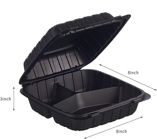 8X8 3-Compartment 50-Pack Plastic Clamshell Takeout Food Trays Heavy Duty Togo Disposable Box Carryout Meal Prep Packaging Catering Hinged Containers With Secure Snap Lid (Formerly FULING)
