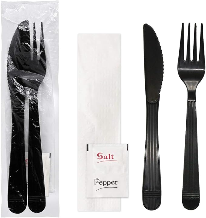 Party Essentials Individually Wrapped Black Plastic Utensil Sets/Heavy Duty Flatware Packs, Fork/Knife/Napkin/Salt/Pepper, 100 Sets