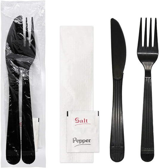 Party Essentials Individually Wrapped Black Plastic Utensil Sets/Heavy Duty Flatware Packs, Fork/Knife/Napkin/Salt/Pepper, 100 Sets