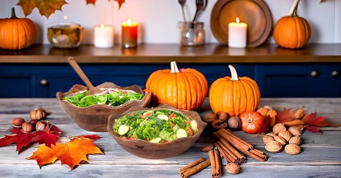 Wooden Salad Bowls Set of 2 with 2 Serving Utensils | 10" & 12 inch Extra Large Natural Acacia Wood Mixing Bowls | Beautiful Gift for Fathers