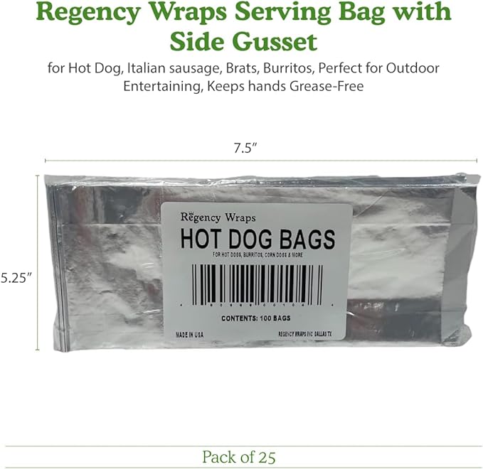 Regency Wraps Grease Resistant Serving Snack Bags, Foil-Lined Bags to Retain Heat, Perfect for Hot Dogs, Burritos, and More, 8.25” x 3.5” x 1.4" (Pack of 25)
