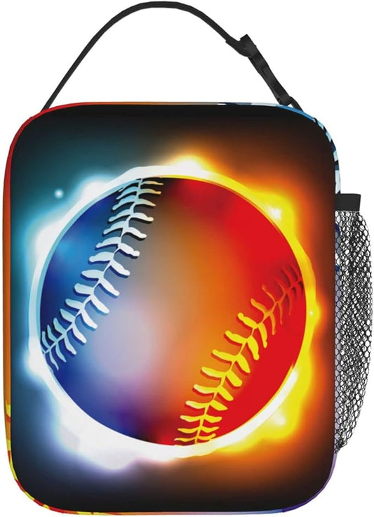 SARA NELL Cool Growing Fireball Lunch Box Baseball Lunch Bag Insulated Reusable Portable Lunch Tote Cooler Bag for Women Men Teens Kids, Office Work School Travel Lunchbox