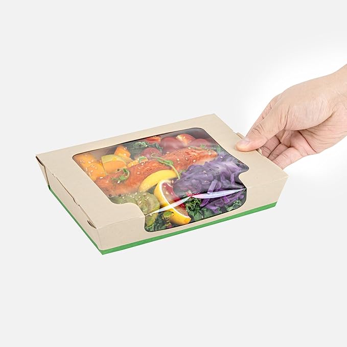 Restaurantware-Sustain 40 Ounce Sturdy Paper Take Out Boxes, 50 Disposable Take Out Food Containers - With PLA lining, Clear PLA Window, Bamboo Paper Containers, Compostable, Tab-Lock Design