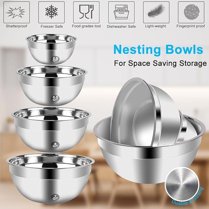 Hand Mixer Electric Mixing Bowls Set, 5 Speeds Handheld Mixer with 4 Nesting Stainless Steel Mixing Bowl, Measuring Cups Spoons 200W Kitchen Blender Whisk Beater Baking Supplies For Beginner