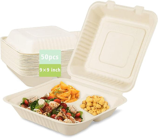 Compostable Take Out Food Container 9x9 Biodegradable 3-Compartment Clamshell To Go Container with Hinged Lid Heavy Duty Togo Disposable Box For Pasta Salad Sandwich Carryout Meal
