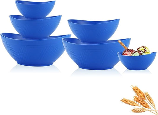Salad Bowls Set of 6 with Textured Pattern,Unbreakable Wheat Straw Bowls for Cereal,Salad and Snack. Blue