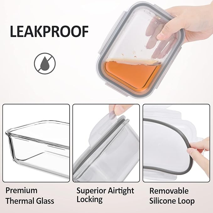 Glass Food Storage Containers with Lids Airtight 6 Pack, Glass Storage Containers with Lids for Food, Not Easy Broken & Leak Proof, Glass Containers with Lids for Oven/Dishwasher Safe, Grey