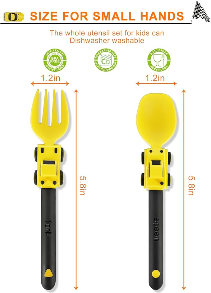 Construction Toddler Utensils - Toddler Forks and Spoons - Kids Spoon and Fork Set - Suitable for Kids Utensils - Easter Gifts, Portable Silverware Set for 1 2 3 4 5 year old Toddlers, Yellow