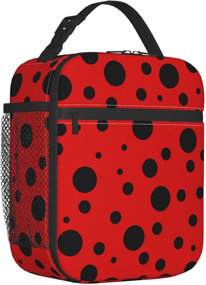 YETTA YANG Ladybug Black And Red Polka Dot Portable Lunch Bag Insulated Lunch Box Reusable Totes For Women Men Work Picnic Camping
