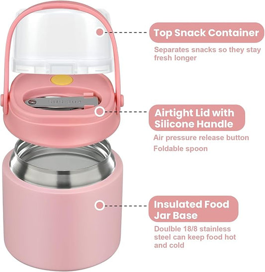 2-In-1 Soup Thermo for Hot Food Kids, 15 Oz Insulated Food Container and a Snack Box, Wide Mouth, Leak Proof, Stainless Steel Spoon, Dishwasher Safe Food Thermo Set for School, Work, Travel, Pink