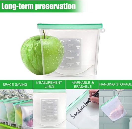 【Upgrade】Cadrim Reusable Extra Thick Silicone Food Storage Bags - 6 Packs Zipper Freezer Bags For Marinate Meats Sandwich, Snack, Cereal,Fruit Meal Prep, Leakproof, Dishwasher-Safe Lunch Storage Bags