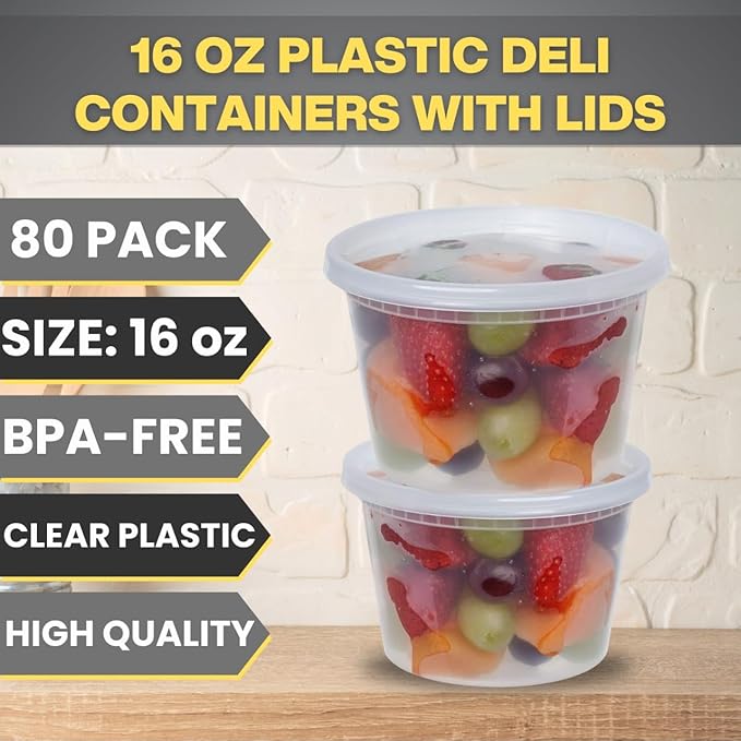 Smygoods 16oz Plastic Deli Containers with Lids - 80 Count, Stackable, BPA Free, Clear…