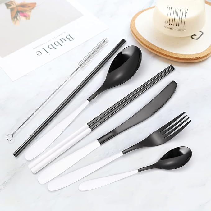 AARAINBOW 7 Pieces 18/8 Stainless Steel Flatware Set Portable Reusable Cutlery Set Travel Utensils Set Including Chopsticks Knife Fork Spoon Straws Cleaning Brush Dishwasher Safe (Y-Black white)