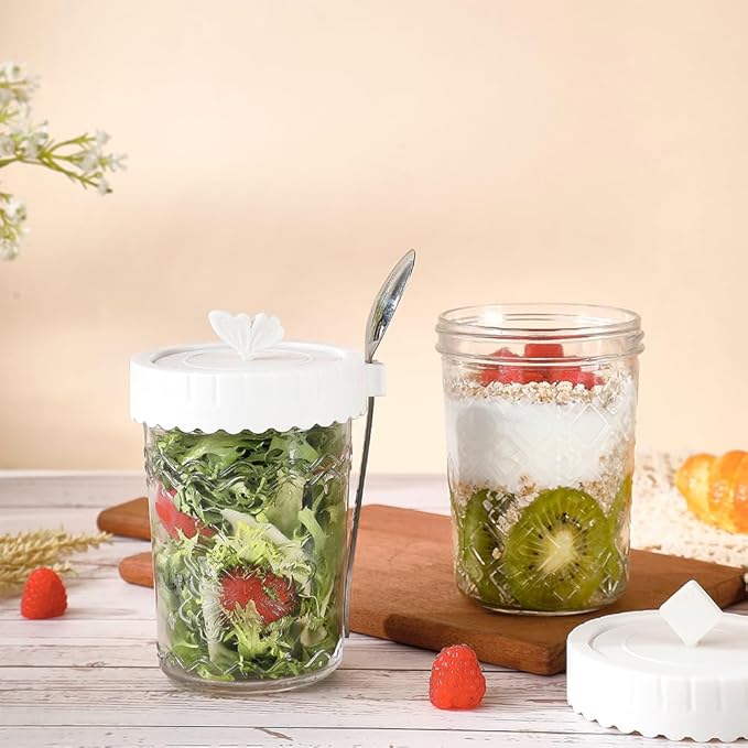 4 Pack Glass Yogurt Parfait Jars with Lids and Spoons, 100% Leak Proof Mason Jars, 20 oz Meal Prep Containers Reusable, Glass Jars for Overnight OatsYogurtSoupSnackParfait - White