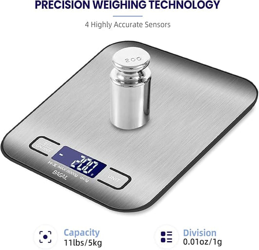 BAGAIL BASICS Digital Kitchen Scale, Premium Stainless Steel Food Scales Weight Grams and Oz for Baking and Cooking, 11lb/5kg with 0.1oz/1g Precision