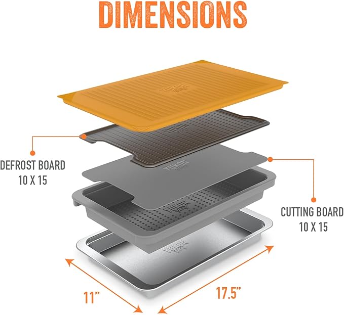 PREP ‘N Serve Premium Set™ - Plastic Container with Lid for Marinades, Stainless Steel Serving Tray, Aluminum Defrosting Tray, and a Plastic Cutting Board - The Ultimate BBQ Food Prep Utensil Set