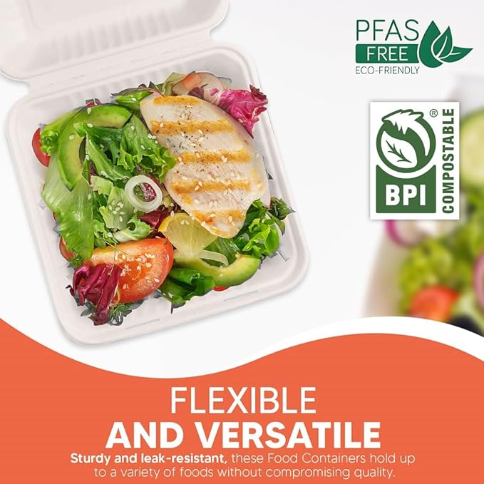 Compostable Clamshell Food Box with Lid (8x8 inch) 150-Pack | Disposable Plates | Made of Biodegradable Sugarcane Bagasse | Heavy-Duty Eco-Friendly Takeout Containers | Natural White