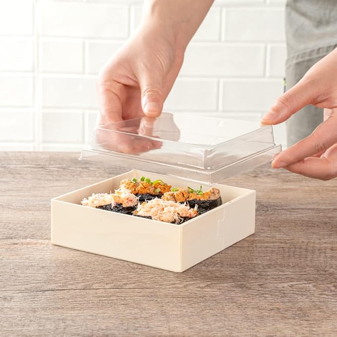 Restaurantware LIDS ONLY: Taipei 4.7 Inch Square Straight Lids, 100 Plastic Lids For 17 Ounce Square Straight Wooden Containers - Containers Sold Separately, Clear Plastic To Go Box Lids
