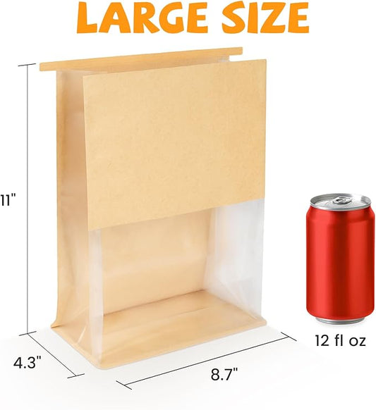 100 Pack Bread Bags for Homemade Sourdough Bread, 8.7x4.3x11 Inches Tin Tie Tab Lock Large Bakery Bag with Window Kraft Paper Packaging Bags for Gifting & Bake Sale