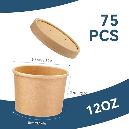 12 oz 75 Pack Paper Soup Cups with Lids, Disposable Kraft Paper Soup Bowls, Paper Soup Containers To Go, Ice Cream Cups For Dessert Yogurt Ice Cream
