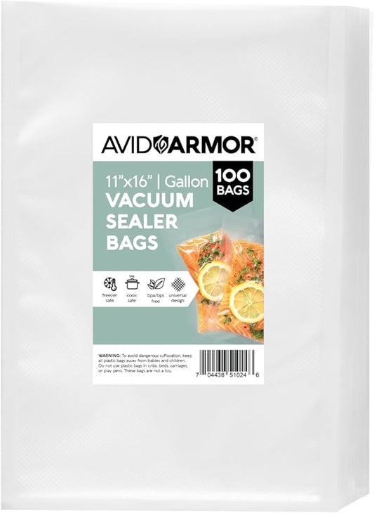 Avid Armor Vacuum Sealer Bags 100 Gallon 11"x16" for Food Saver, Seal a Meal Vac Sealers BPA Free, Heavy Duty Commercial Grade, Mea Prep and Sous Vide Vaccume Safe, Universal Design Pre-Cut Bag