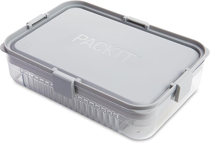 PackIt Mod Large Bento Food Storage Container, Steel Gray, Shatterproof Crystal Clear Base, with Leak-resistant Dividers, Lid, Microwavable, Dishwasher Safe, Designed for Storing Large Meal, Leftovers