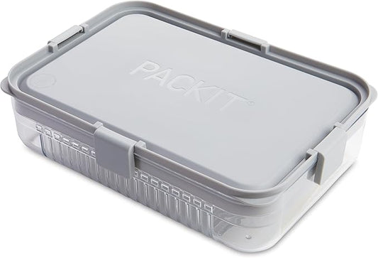 PackIt Mod Large Bento Food Storage Container, Steel Gray, Shatterproof Crystal Clear Base, with Leak-resistant Dividers, Lid, Microwavable, Dishwasher Safe, Designed for Storing Large Meal, Leftovers