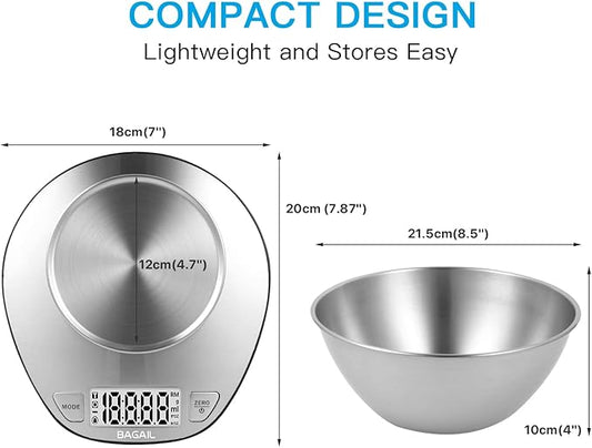 BAGAIL BASICS Electronic Kitchen Scale Premium Large Display Backing Scale Wet and Dry Food Weighing Scale with Stainless Steel Mixing Bowl - 5kg