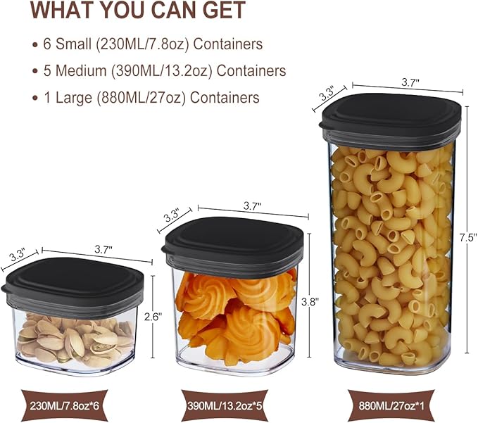 12-Piece Airtight Food Storage Containers Set – 6x 230ML, 5x 390ML & 1x 880ML BPA-FREE Plastic Kitchen Canisters with Lids for Dry Food, Snacks, Spices, Pantry Organization (Black)