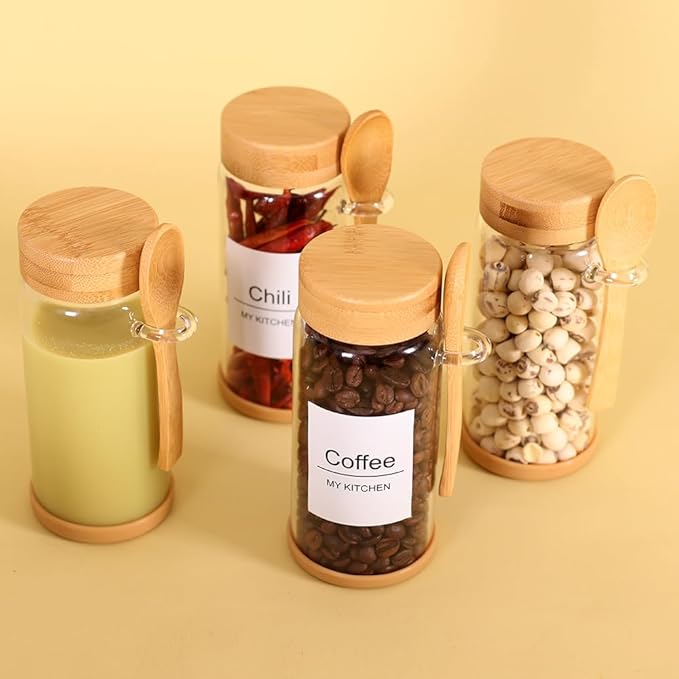 SAIOOL 4 Pack Glass Storage Containers with Bamboo Lids and Spoon,Overnight Oats Containers with Lids,with Anti Slip Silicone Base,Seasoning Organizer,Spice Jars (Bamboo 11.8OZ*4)