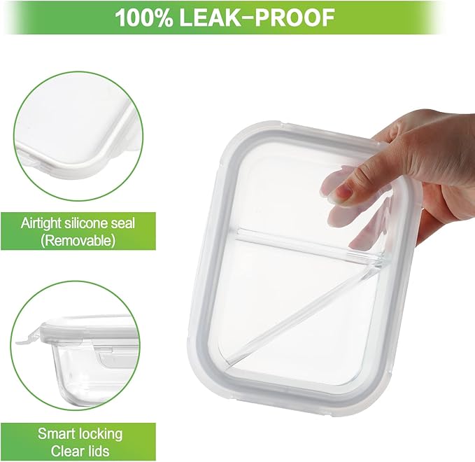 HOMBERKING 10 Pack 24oz Glass Meal Prep Containers 2 Compartment, Food Storage Containers with Lids, Airtight Lunch Bento Boxes (10 lids & 10 Containers) - White