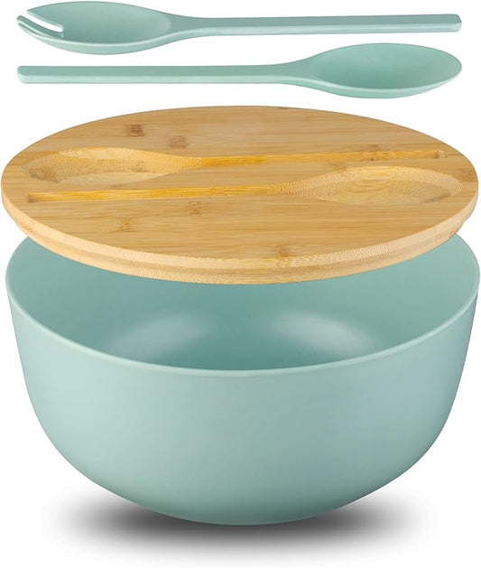 Bamboo Fiber 10 ″ Large Salad Serving Bowl Set with Wooden Lid & Servers, 3.5Qt Big Bowl with Utensils for Mixing Salad,Fruit,Pasta,Lightweight & Dishwasher Safe,, Ideal Gift for Home - Teal Color
