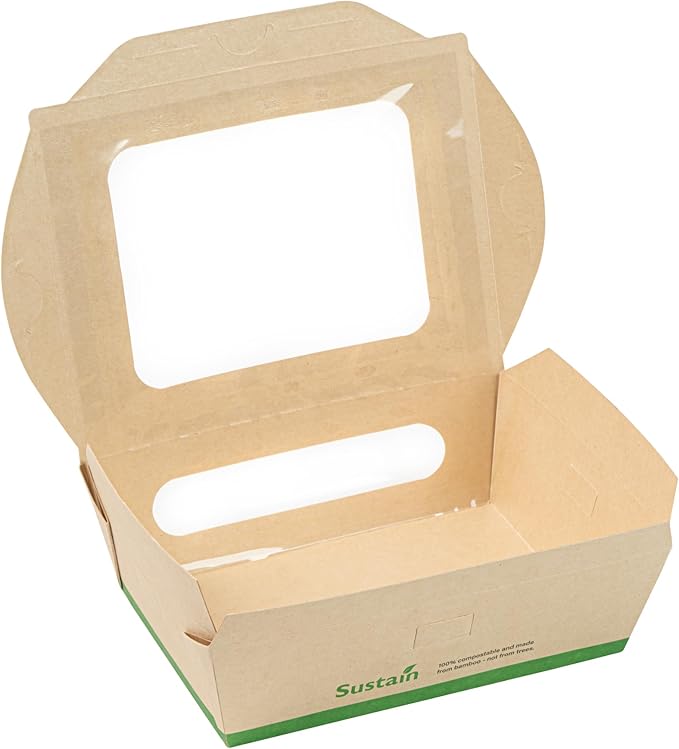 Restaurantware-Sustain 28 Ounce Sturdy Paper Take Out Boxes, 50 Disposable Take Out Food Containers - With PLA lining, Two Clear PLA Windows, Bamboo Paper Containers, Compostable, Tab-Lock Design