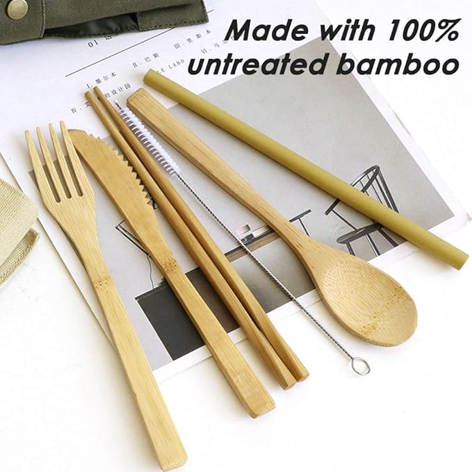 Set of 2, Bamboo Utensils Cutlery, DaKuan Reusable Cutlery Travel Set, Bamboo Spoon, Fork, Knife, Brush, Chopsticks and Straw, Eco-Friendly Portable Utensils With Case