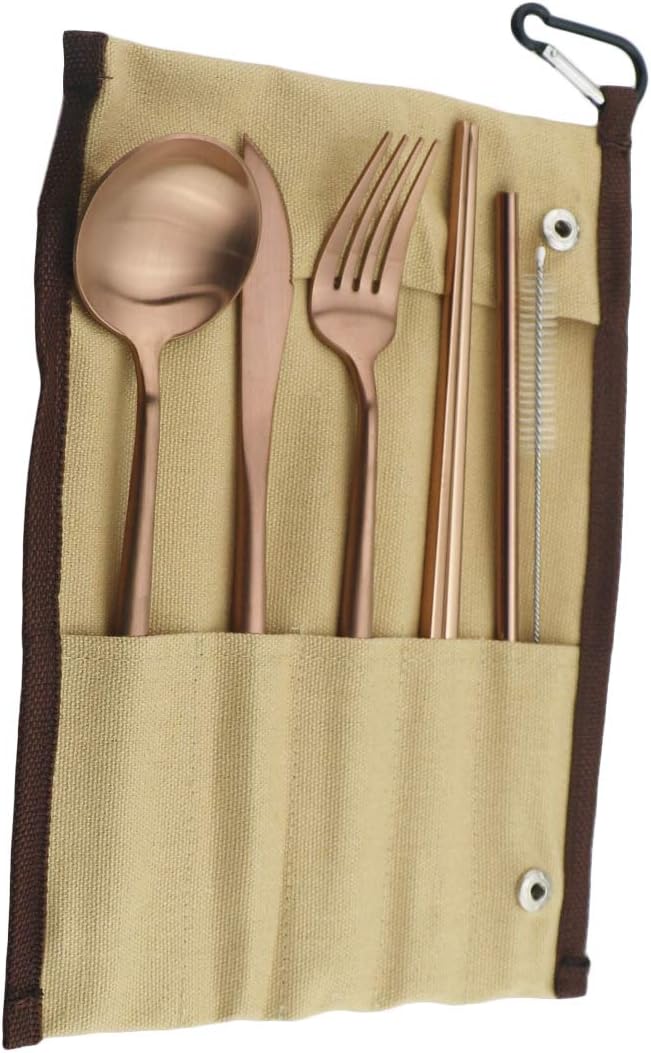 Reusable Travel Utensils, 7 Piece Portable 304 Stainless Steel including Knife Fork Spoon Chopsticks Cleaning Brush Straws Portable Pouch, Eco-friendly Camping Silverware Set, Dishwasher Safe