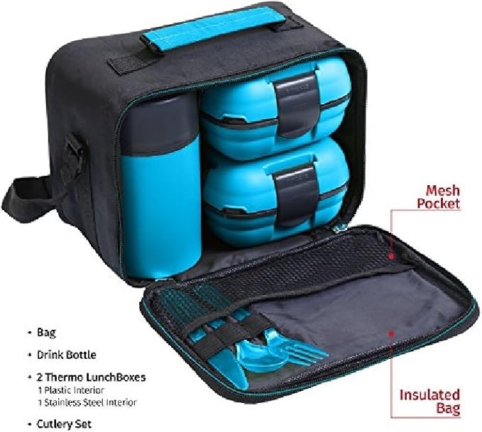 Pinnacle Thermoware Lunch Box Bag Set for Adults and Kids, Blue, Plastic and Stainless Steel, Matching Cutlery