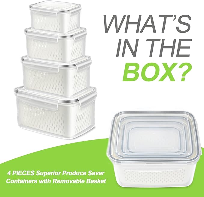TBMax Fruit Storage Containers for Fridge Organizers and Storage, 4 Pack Large Produce Saver with Airtight Lid & Colander for Berry Lettuce Salad Vegetable Storage, Refrigerator Organizers