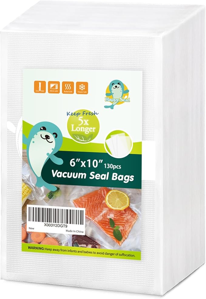 Happy Seal Vacuum Sealer Bags 6" x 10" 130 Pint Size for Food, Pre-cut Food Saver Airtight Vac Storage, Meal Prep or Sous Vide, Commercial Grade Vacuum Seal Freezer Bags
