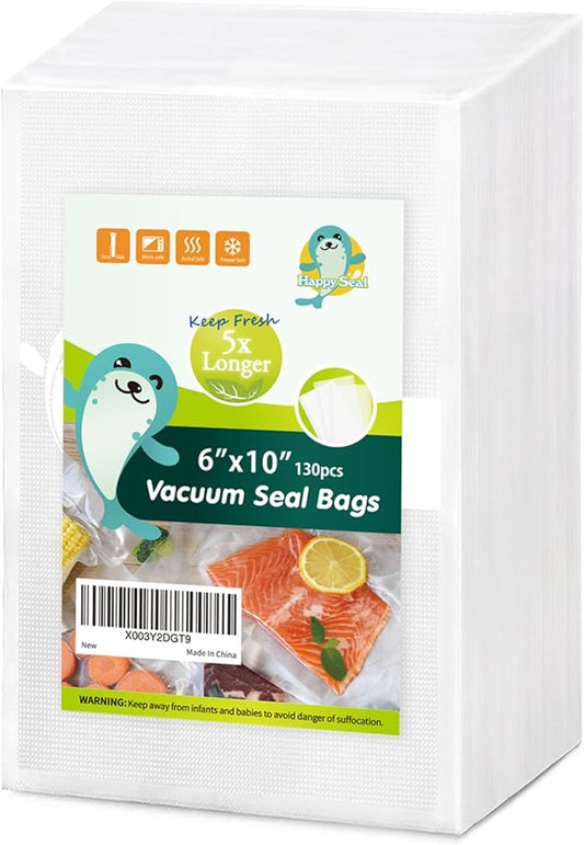 Happy Seal Vacuum Sealer Bags 6" x 10" 130 Pint Size for Food, Pre-cut Food Saver Airtight Vac Storage, Meal Prep or Sous Vide, Commercial Grade Vacuum Seal Freezer Bags