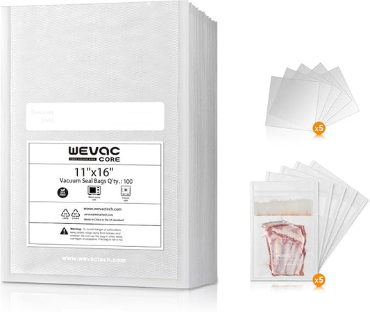 11" x 16" Precut Vacuum Sealer Bags, 100 Count, Includes 5 Liquid Block Bags & 5 Bone Guard Pieces, Heavy Duty for Food Storage, Sous Vide & Meal Prep, Wevac Core