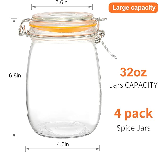Wide Mouth Mason Jars, 4Pcs 32 oz Glass Jars with Airtight Lid Large Mason Canning Jars Clear Storage Canister Jars with Measurement Marks for Canning Flour Jam Jelly Coffee Sugar Beans