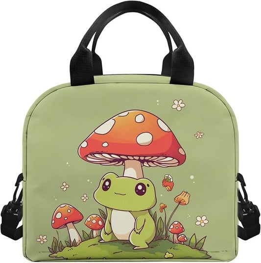 Showudesigns Cute Mushroom Frog Lunch Box for Girls Kids Insulated Lunch Bag Reusable Shopping Bag Keep Food Cold and Warm Crossbody Tote Bags Travel Picnic Organizers