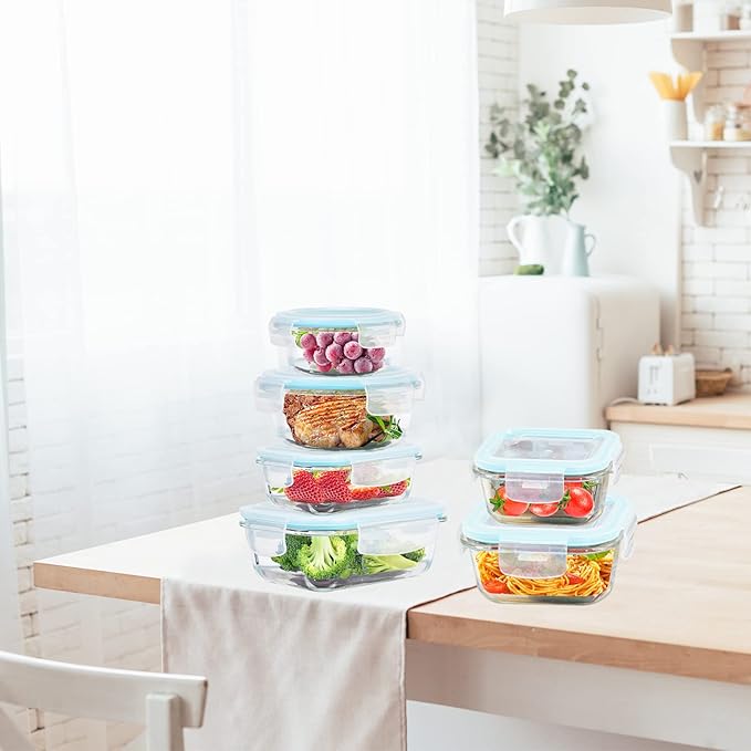 Glass Food Storage Containers With Lids Airtight 6 Pack, Not Easy Broken & Leak Proof, Oven/Dishwasher Safe, Blue