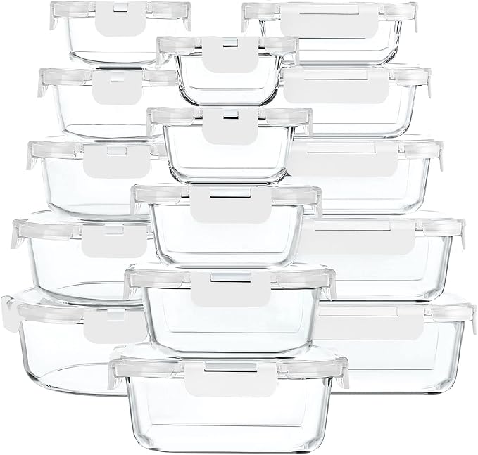 M MCIRCO 30 Pieces Glass Food Storage Containers with Upgraded Snap Locking Lids,Glass Meal Prep Containers Set - Airtight Lunch Containers, Microwave, Oven, Freezer and Dishwasher Friendly (White)