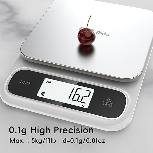 Tada 11lb Food Kitchen Digital Scale with 0.01oz/0.1g Precision IPX6 Waterproof, Type-C Charging, Ounces and Grams for Weight Loss, Cooking, Baking (White+Black)